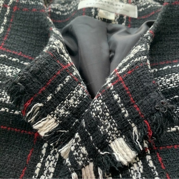 Tahari ASL Levine Plaid Check Fringe Velvet Trim Long Jacket Black White Size 10 - Picture 7 of 9
